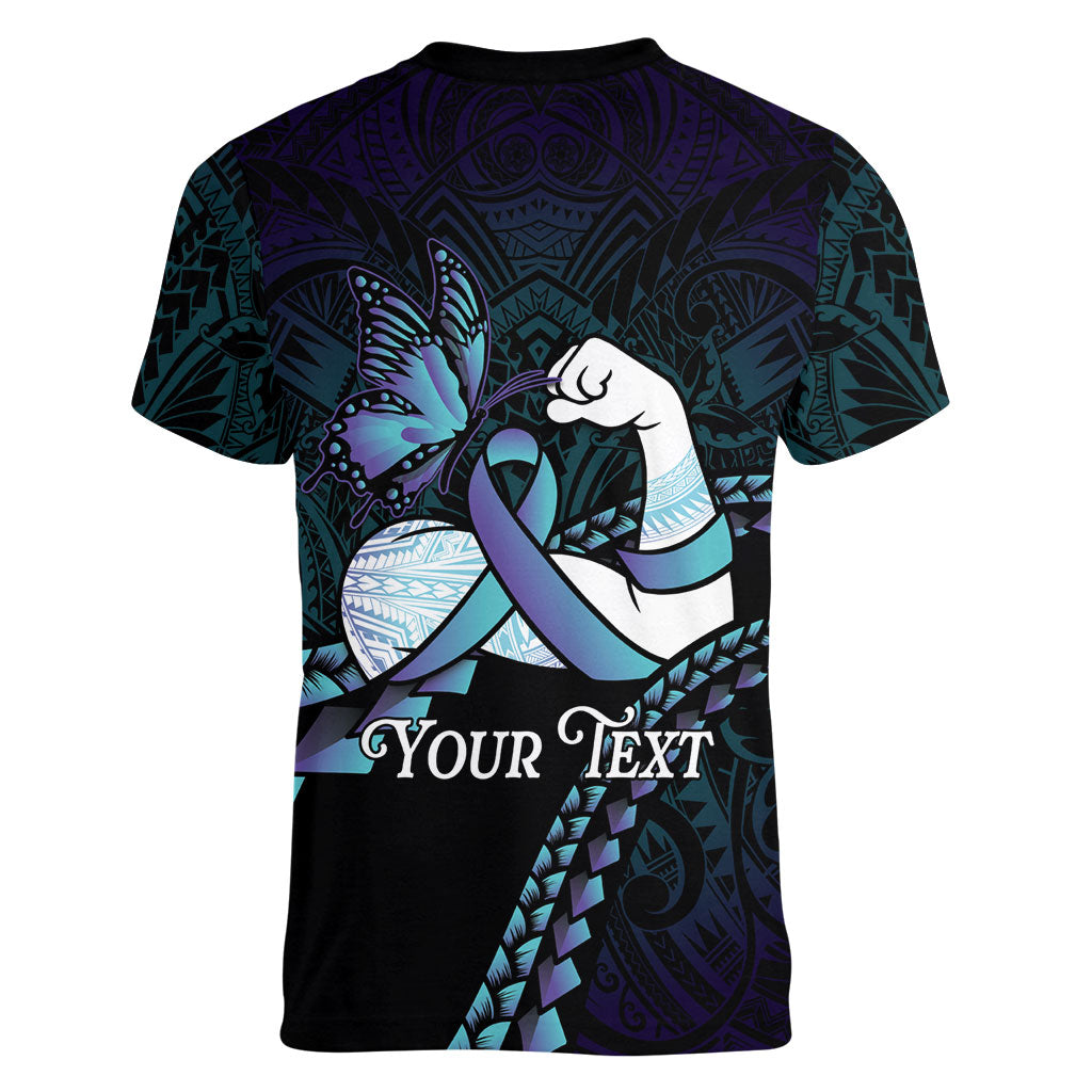 Personalised Polynesia Suicide Prevention Month Women V-Neck T-Shirt Brave Strong Butterfly Teal Purple Ribbon
