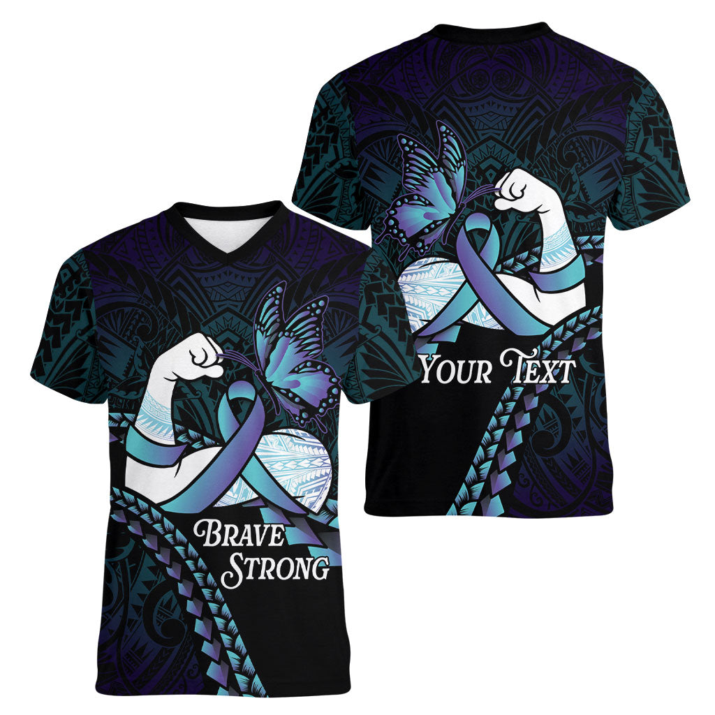 Personalised Polynesia Suicide Prevention Month Women V-Neck T-Shirt Brave Strong Butterfly Teal Purple Ribbon
