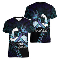 Personalised Polynesia Suicide Prevention Month Women V-Neck T-Shirt Brave Strong Butterfly Teal Purple Ribbon
