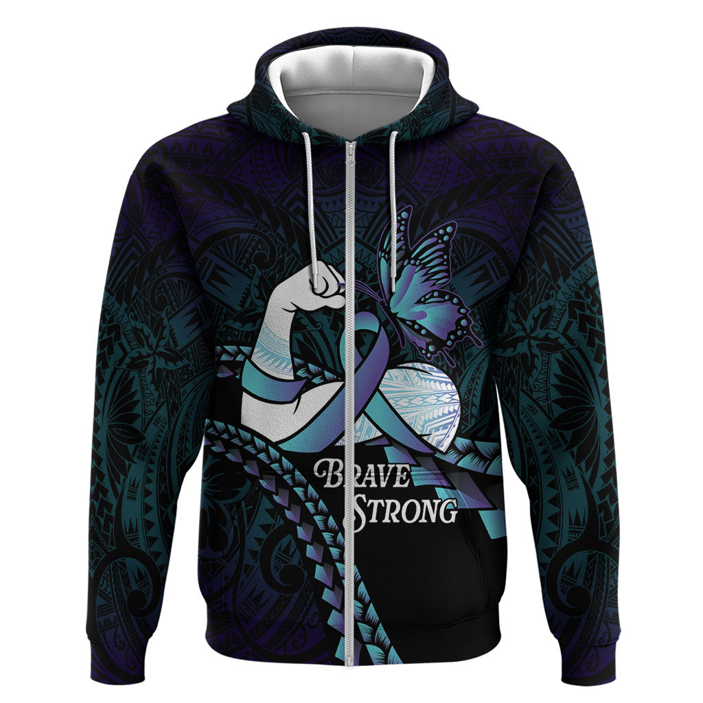 Personalised Polynesia Suicide Prevention Month Zip Hoodie Brave Strong Butterfly Teal Purple Ribbon