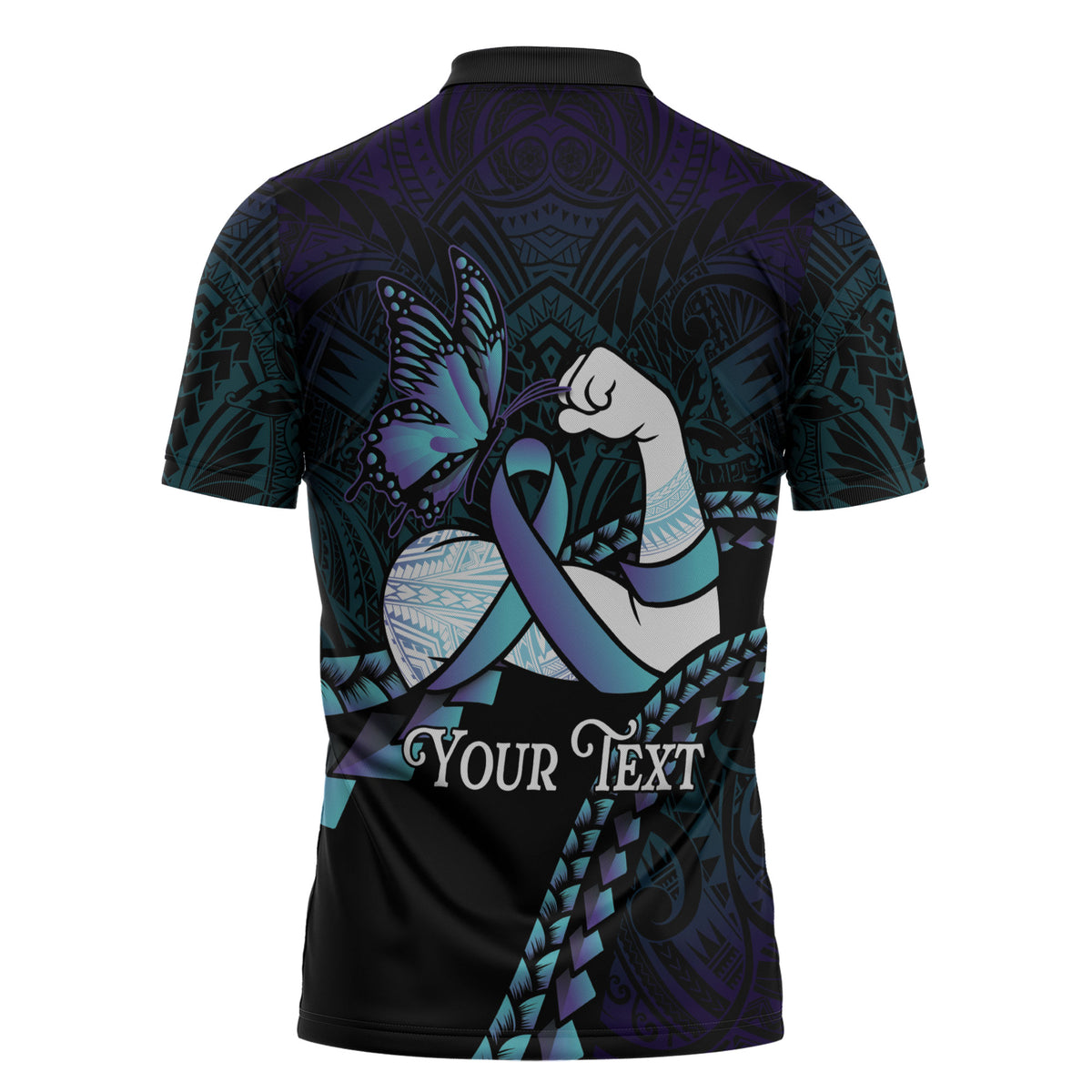 Personalised Polynesia Suicide Prevention Month Zipper Polo Shirt Brave Strong Butterfly Teal Purple Ribbon