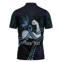 Personalised Polynesia Suicide Prevention Month Zipper Polo Shirt Brave Strong Butterfly Teal Purple Ribbon