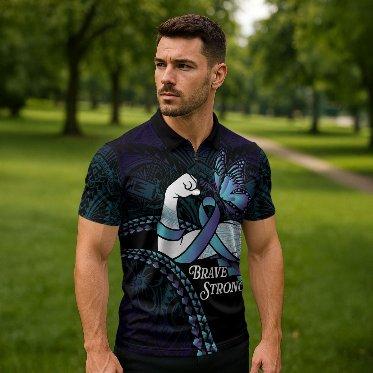 Personalised Polynesia Suicide Prevention Month Zipper Polo Shirt Brave Strong Butterfly Teal Purple Ribbon