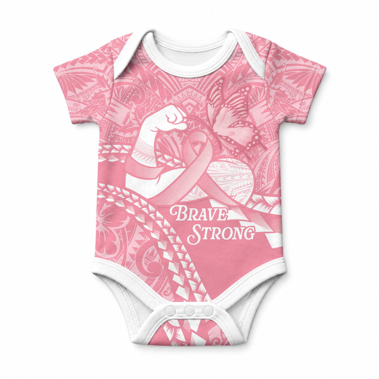 Personalised Polynesia Breast Cancer Awareness Baby Onesie Brave Strong Butterfly Pink Ribbon