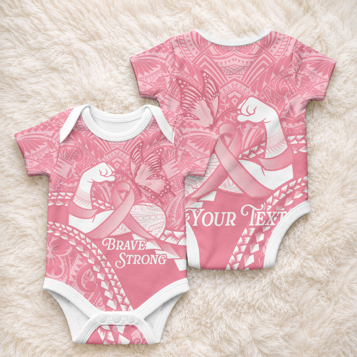 Personalised Polynesia Breast Cancer Awareness Baby Onesie Brave Strong Butterfly Pink Ribbon