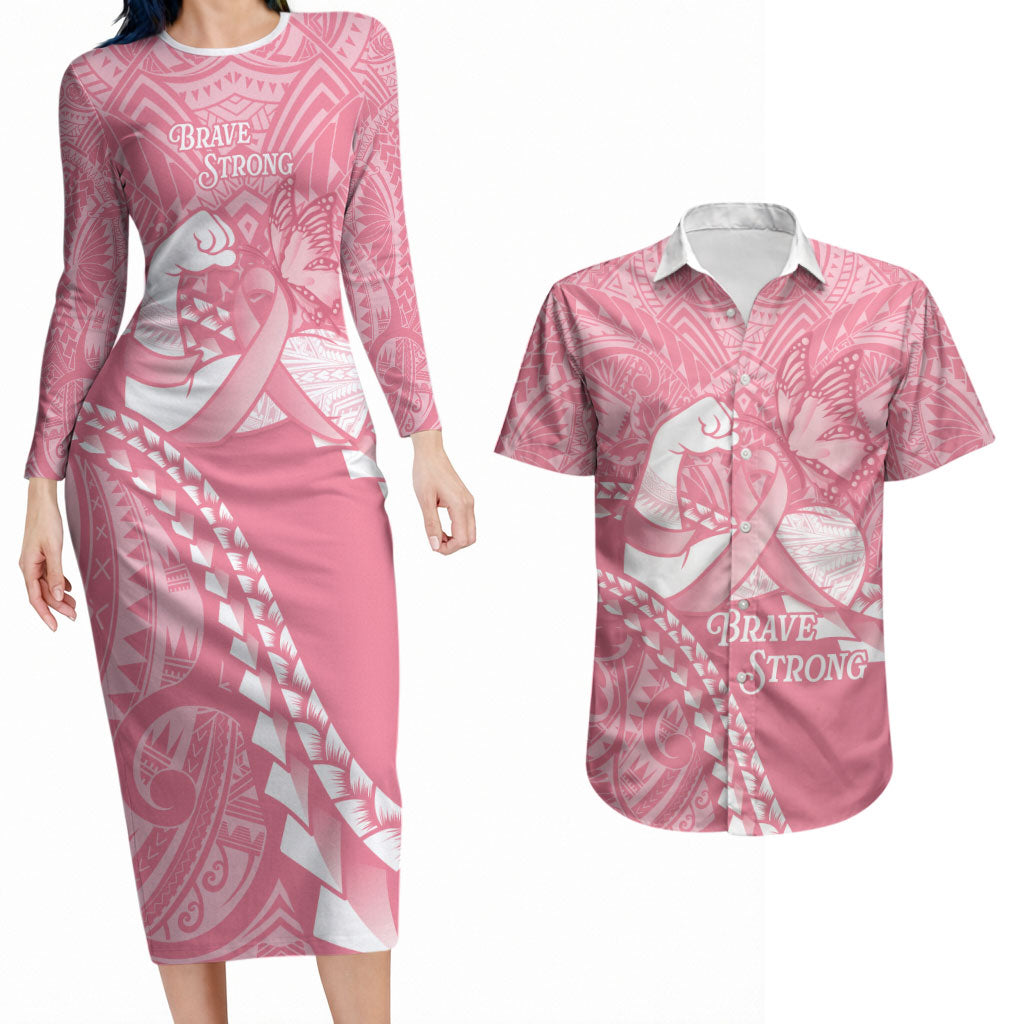 Personalised Polynesia Breast Cancer Awareness Couples Matching Long Sleeve Bodycon Dress and Hawaiian Shirt Brave Strong Butterfly Pink Ribbon