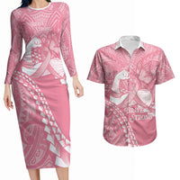 Personalised Polynesia Breast Cancer Awareness Couples Matching Long Sleeve Bodycon Dress and Hawaiian Shirt Brave Strong Butterfly Pink Ribbon