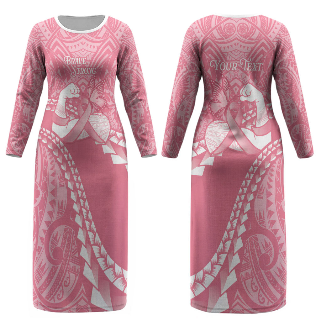 Personalised Polynesia Breast Cancer Awareness Couples Matching Long Sleeve Bodycon Dress and Hawaiian Shirt Brave Strong Butterfly Pink Ribbon