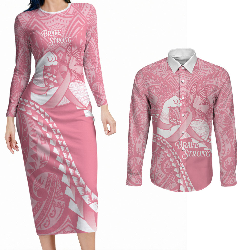 Personalised Polynesia Breast Cancer Awareness Couples Matching Long Sleeve Bodycon Dress and Long Sleeve Button Shirt Brave Strong Butterfly Pink Ribbon