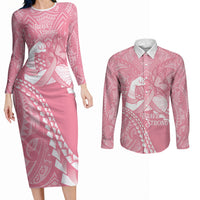 Personalised Polynesia Breast Cancer Awareness Couples Matching Long Sleeve Bodycon Dress and Long Sleeve Button Shirt Brave Strong Butterfly Pink Ribbon