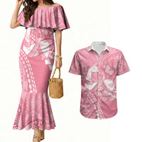 Personalised Polynesia Breast Cancer Awareness Couples Matching Mermaid Dress and Hawaiian Shirt Brave Strong Butterfly Pink Ribbon
