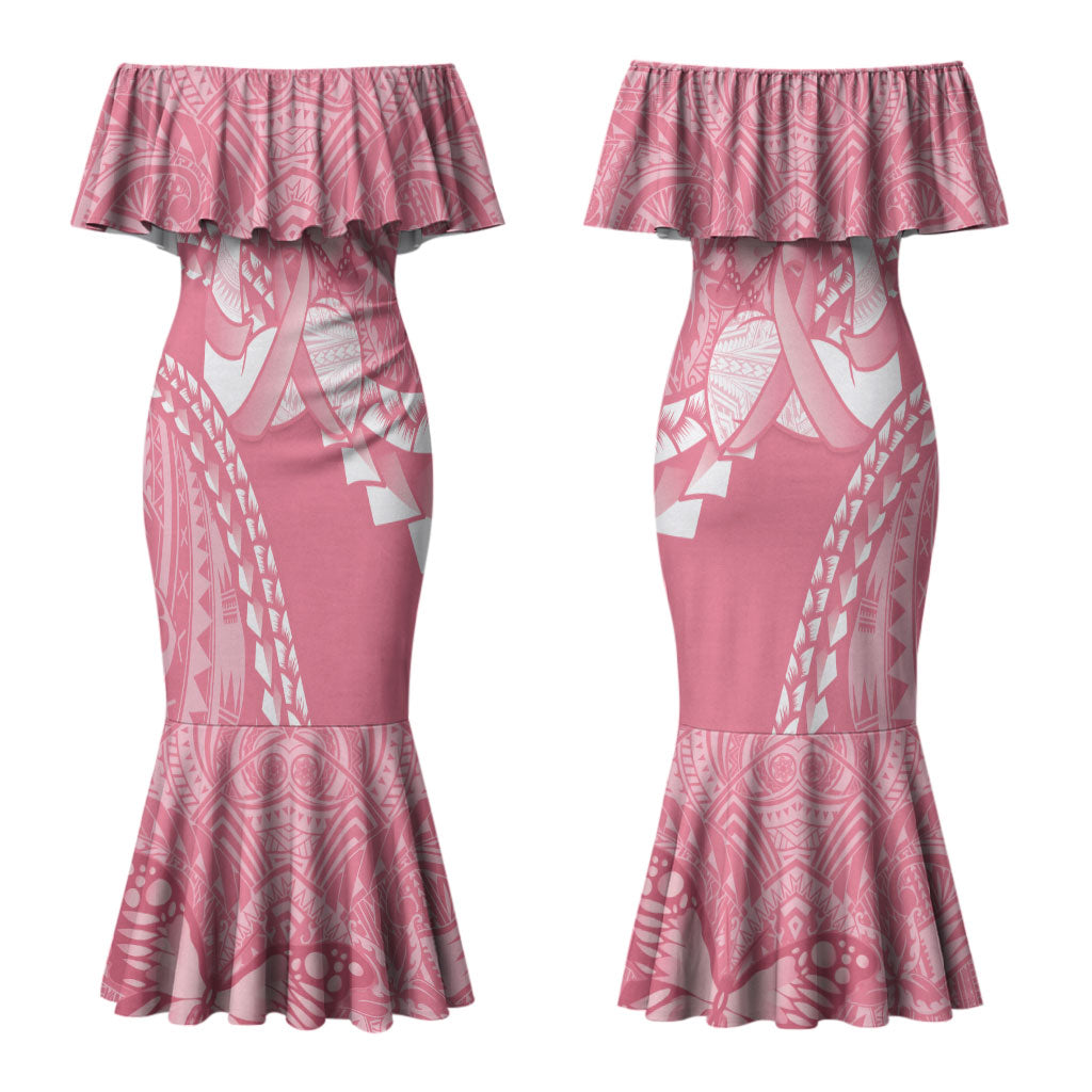 Personalised Polynesia Breast Cancer Awareness Couples Matching Mermaid Dress and Hawaiian Shirt Brave Strong Butterfly Pink Ribbon