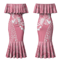 Personalised Polynesia Breast Cancer Awareness Couples Matching Mermaid Dress and Hawaiian Shirt Brave Strong Butterfly Pink Ribbon