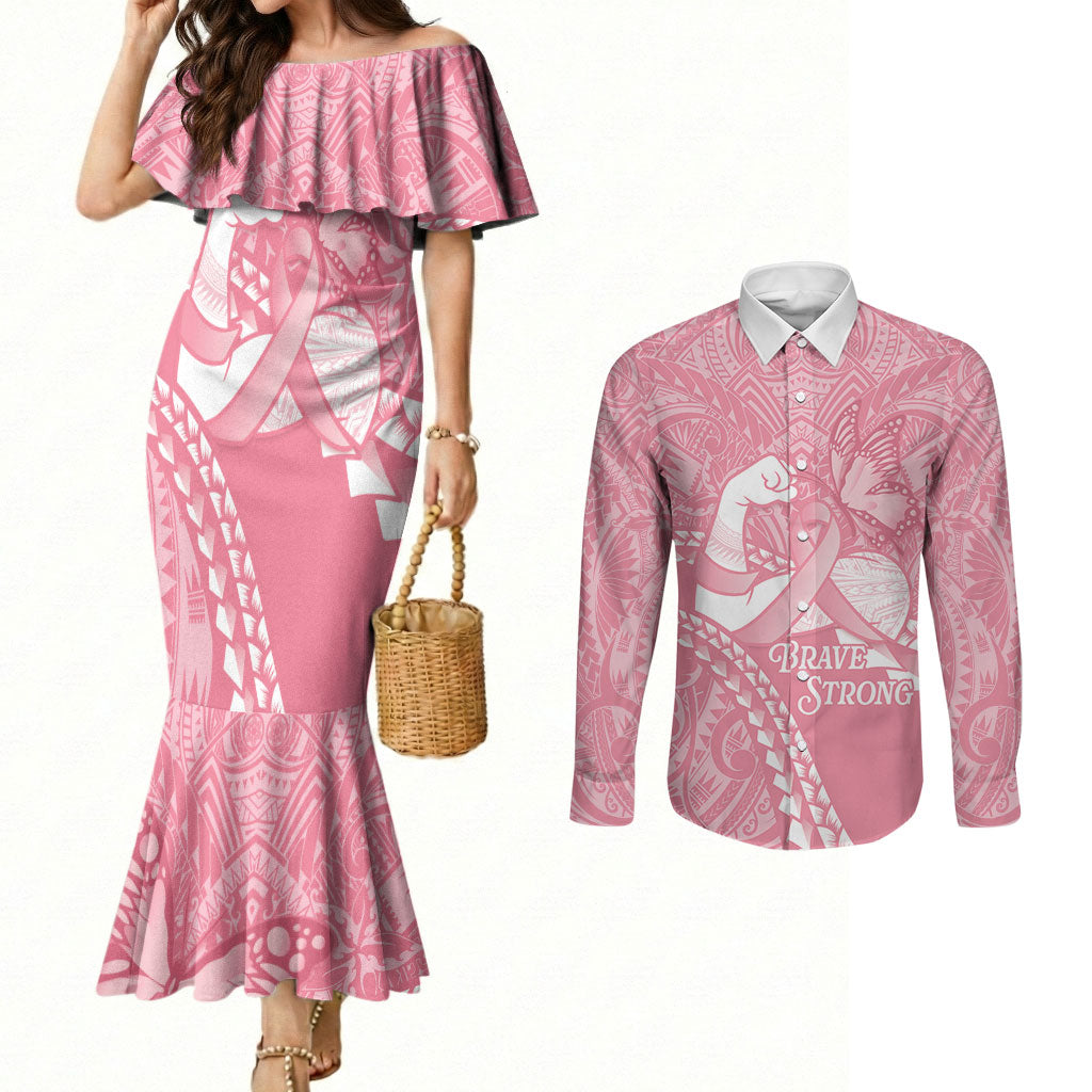 Personalised Polynesia Breast Cancer Awareness Couples Matching Mermaid Dress and Long Sleeve Button Shirt Brave Strong Butterfly Pink Ribbon