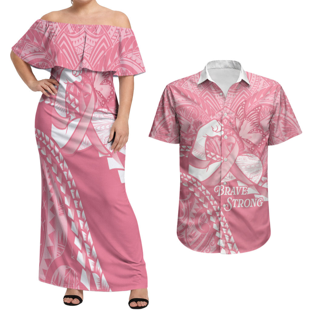 Personalised Polynesia Breast Cancer Awareness Couples Matching Off Shoulder Maxi Dress and Hawaiian Shirt Brave Strong Butterfly Pink Ribbon