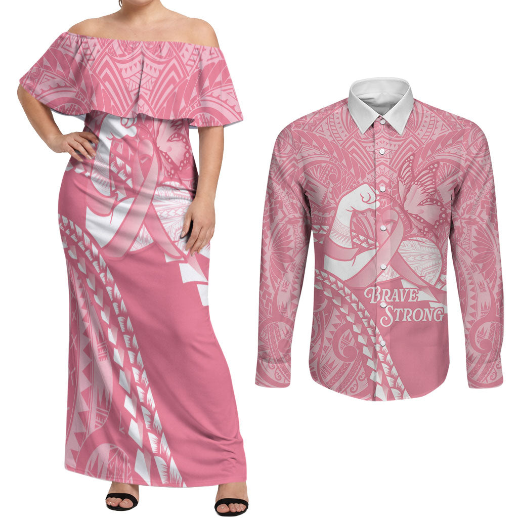 Personalised Polynesia Breast Cancer Awareness Couples Matching Off Shoulder Maxi Dress and Long Sleeve Button Shirt Brave Strong Butterfly Pink Ribbon