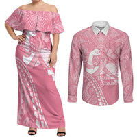 Personalised Polynesia Breast Cancer Awareness Couples Matching Off Shoulder Maxi Dress and Long Sleeve Button Shirt Brave Strong Butterfly Pink Ribbon