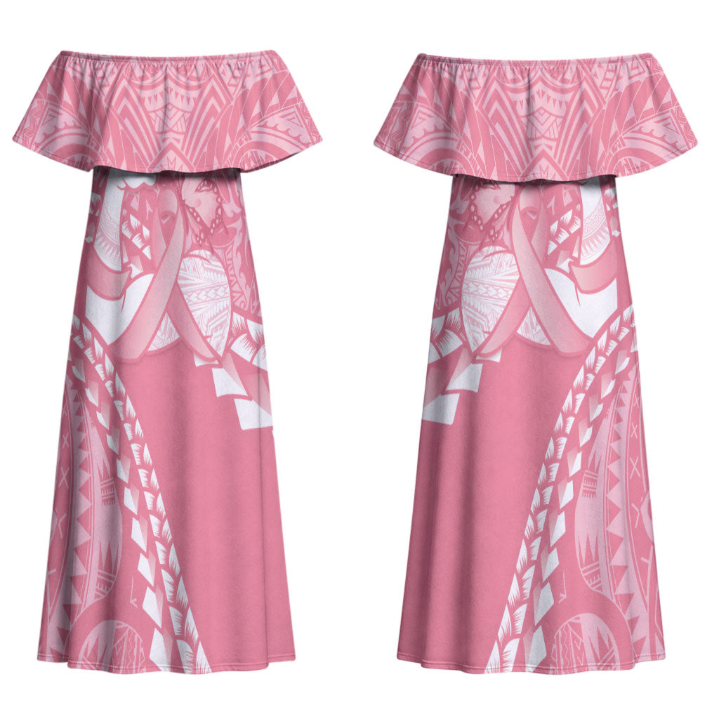 Personalised Polynesia Breast Cancer Awareness Couples Matching Off Shoulder Maxi Dress and Long Sleeve Button Shirt Brave Strong Butterfly Pink Ribbon