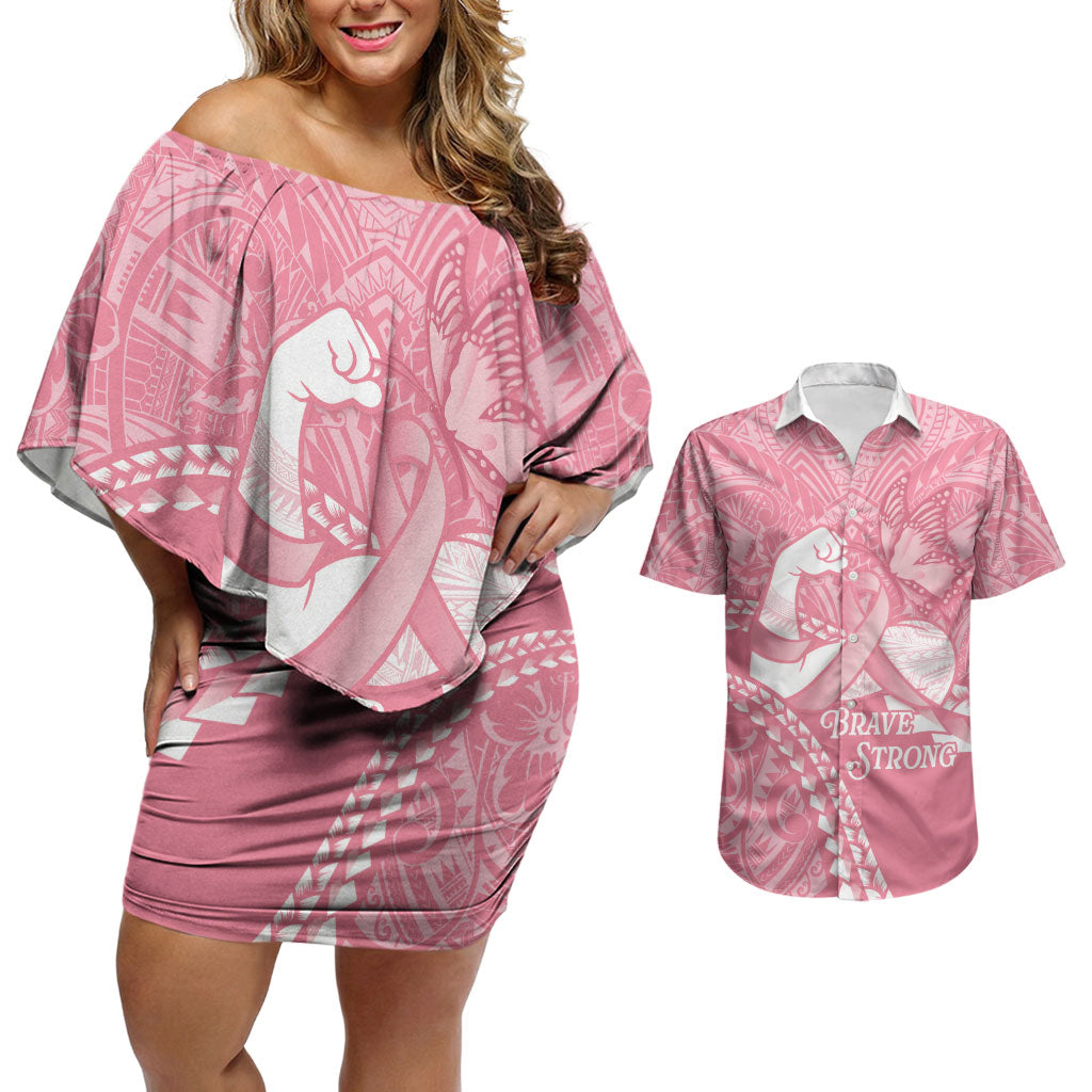 Personalised Polynesia Breast Cancer Awareness Couples Matching Off Shoulder Short Dress and Hawaiian Shirt Brave Strong Butterfly Pink Ribbon