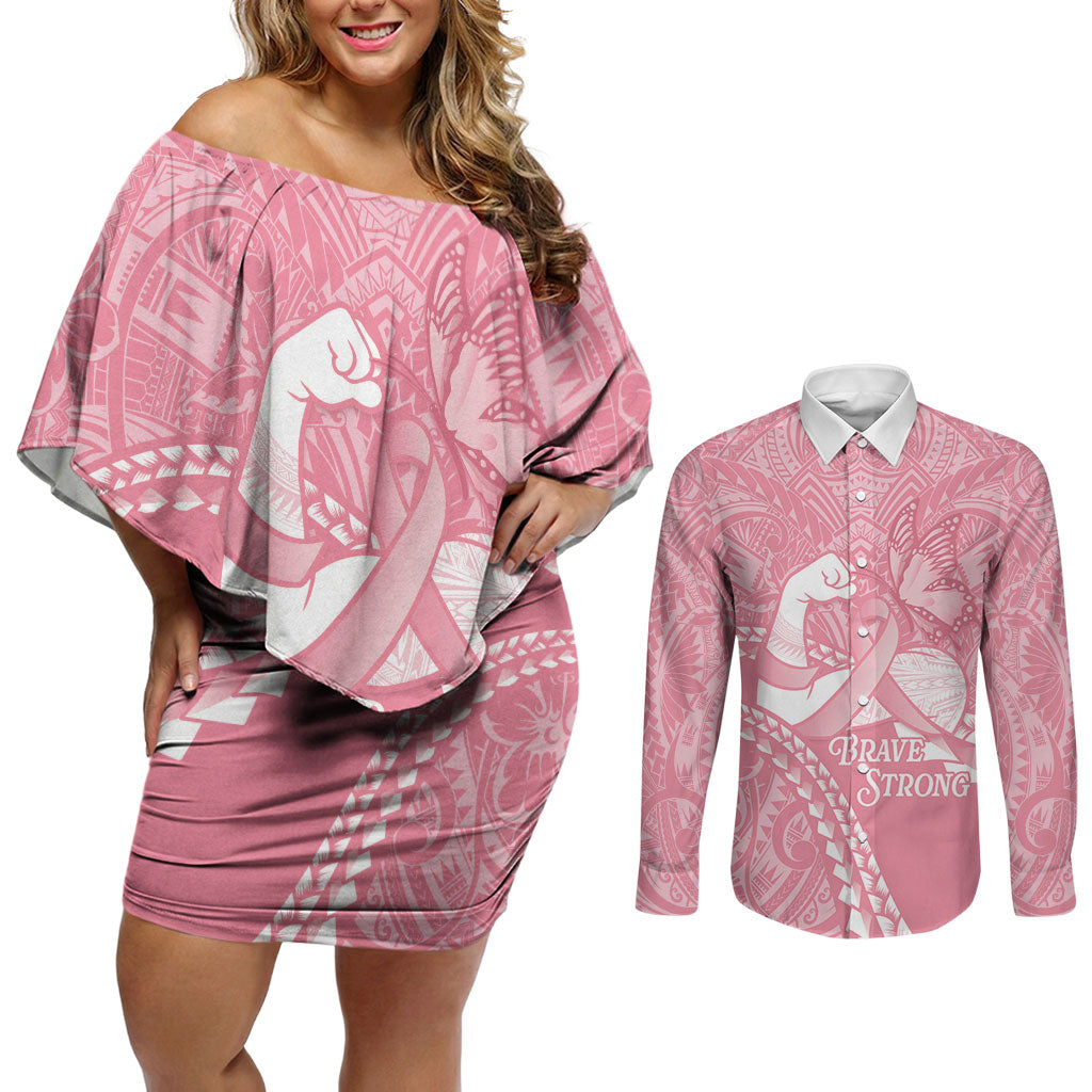 Personalised Polynesia Breast Cancer Awareness Couples Matching Off Shoulder Short Dress and Long Sleeve Button Shirt Brave Strong Butterfly Pink Ribbon