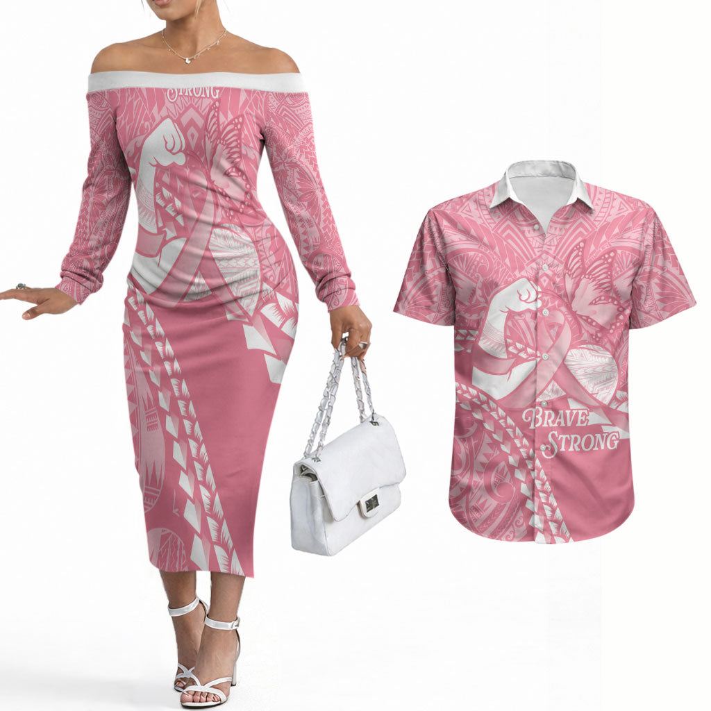 Personalised Polynesia Breast Cancer Awareness Couples Matching Off The Shoulder Long Sleeve Dress and Hawaiian Shirt Brave Strong Butterfly Pink Ribbon