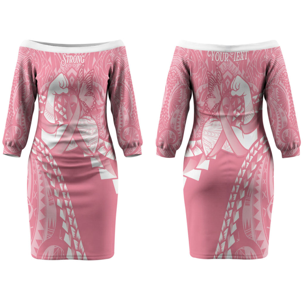 Personalised Polynesia Breast Cancer Awareness Couples Matching Off The Shoulder Long Sleeve Dress and Hawaiian Shirt Brave Strong Butterfly Pink Ribbon
