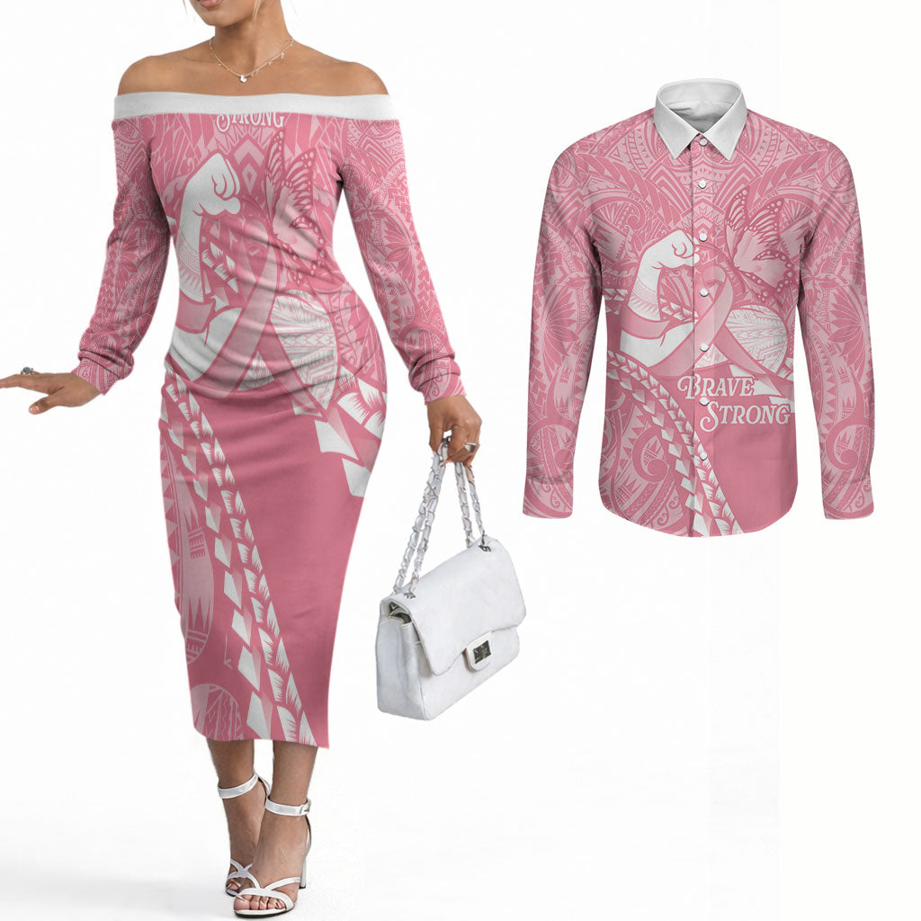 Personalised Polynesia Breast Cancer Awareness Couples Matching Off The Shoulder Long Sleeve Dress and Long Sleeve Button Shirt Brave Strong Butterfly Pink Ribbon