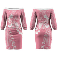 Personalised Polynesia Breast Cancer Awareness Couples Matching Off The Shoulder Long Sleeve Dress and Long Sleeve Button Shirt Brave Strong Butterfly Pink Ribbon