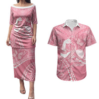 Personalised Polynesia Breast Cancer Awareness Couples Matching Puletasi and Hawaiian Shirt Brave Strong Butterfly Pink Ribbon