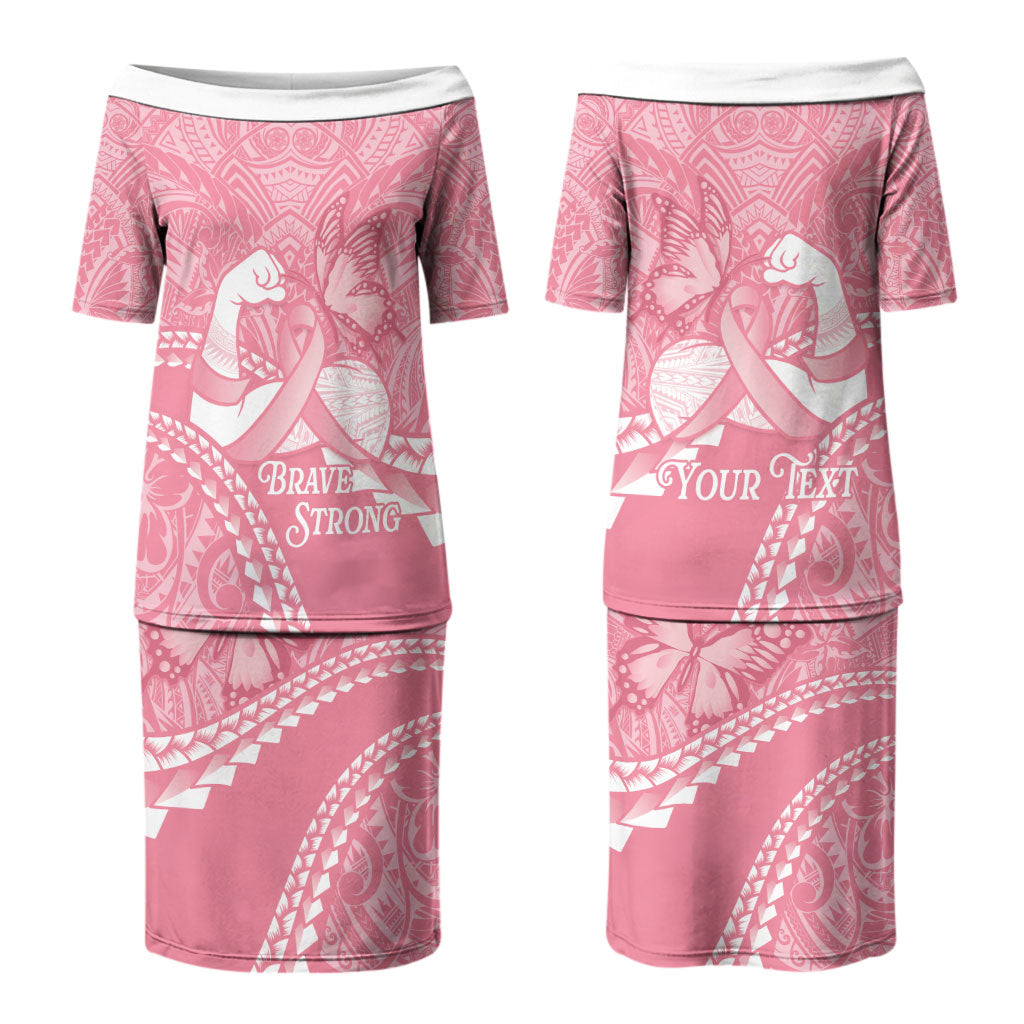 Personalised Polynesia Breast Cancer Awareness Couples Matching Puletasi and Hawaiian Shirt Brave Strong Butterfly Pink Ribbon