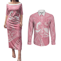 Personalised Polynesia Breast Cancer Awareness Couples Matching Puletasi and Long Sleeve Button Shirt Brave Strong Butterfly Pink Ribbon
