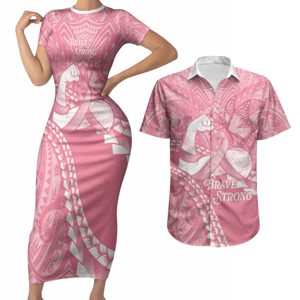 Personalised Polynesia Breast Cancer Awareness Couples Matching Short Sleeve Bodycon Dress and Hawaiian Shirt Brave Strong Butterfly Pink Ribbon