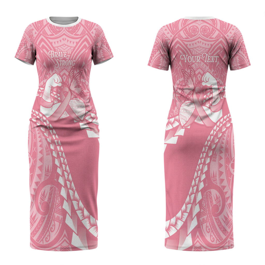 Personalised Polynesia Breast Cancer Awareness Couples Matching Short Sleeve Bodycon Dress and Hawaiian Shirt Brave Strong Butterfly Pink Ribbon
