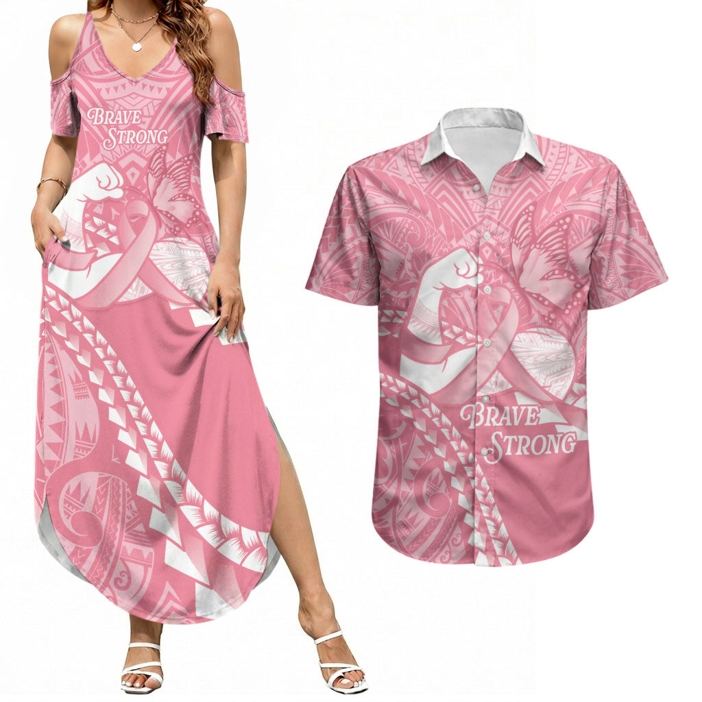 Personalised Polynesia Breast Cancer Awareness Couples Matching Summer Maxi Dress and Hawaiian Shirt Brave Strong Butterfly Pink Ribbon