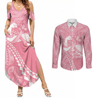 Personalised Polynesia Breast Cancer Awareness Couples Matching Summer Maxi Dress and Long Sleeve Button Shirt Brave Strong Butterfly Pink Ribbon