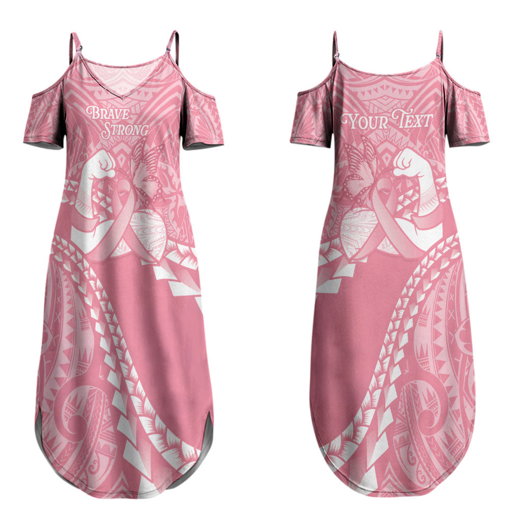 Personalised Polynesia Breast Cancer Awareness Couples Matching Summer Maxi Dress and Long Sleeve Button Shirt Brave Strong Butterfly Pink Ribbon