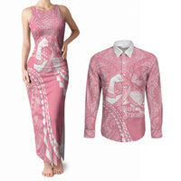 Personalised Polynesia Breast Cancer Awareness Couples Matching Tank Maxi Dress and Long Sleeve Button Shirt Brave Strong Butterfly Pink Ribbon