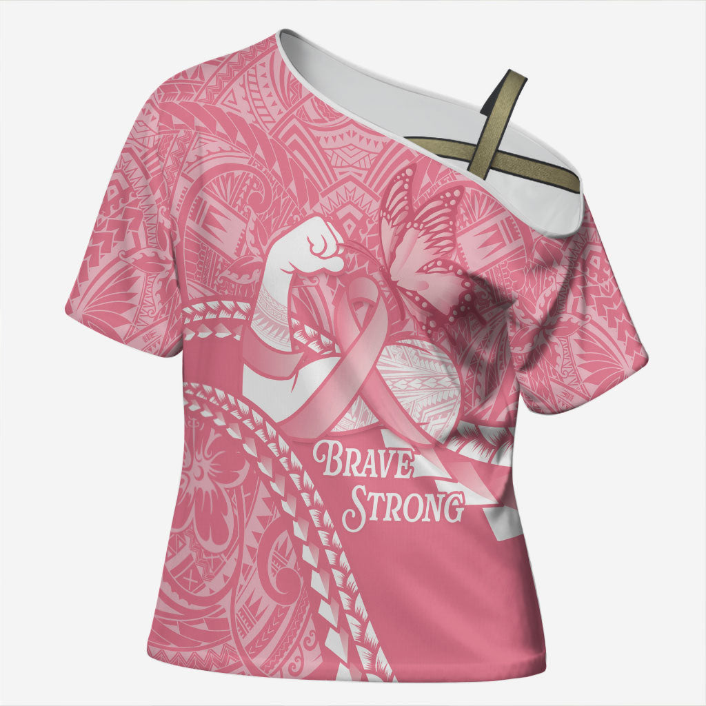 Personalised Polynesia Breast Cancer Awareness Cross Shoulder Shirt Brave Strong Butterfly Pink Ribbon