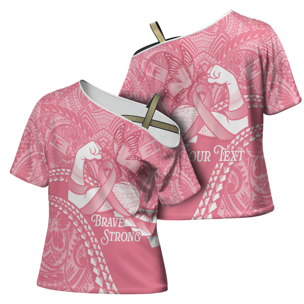 Personalised Polynesia Breast Cancer Awareness Cross Shoulder Shirt Brave Strong Butterfly Pink Ribbon