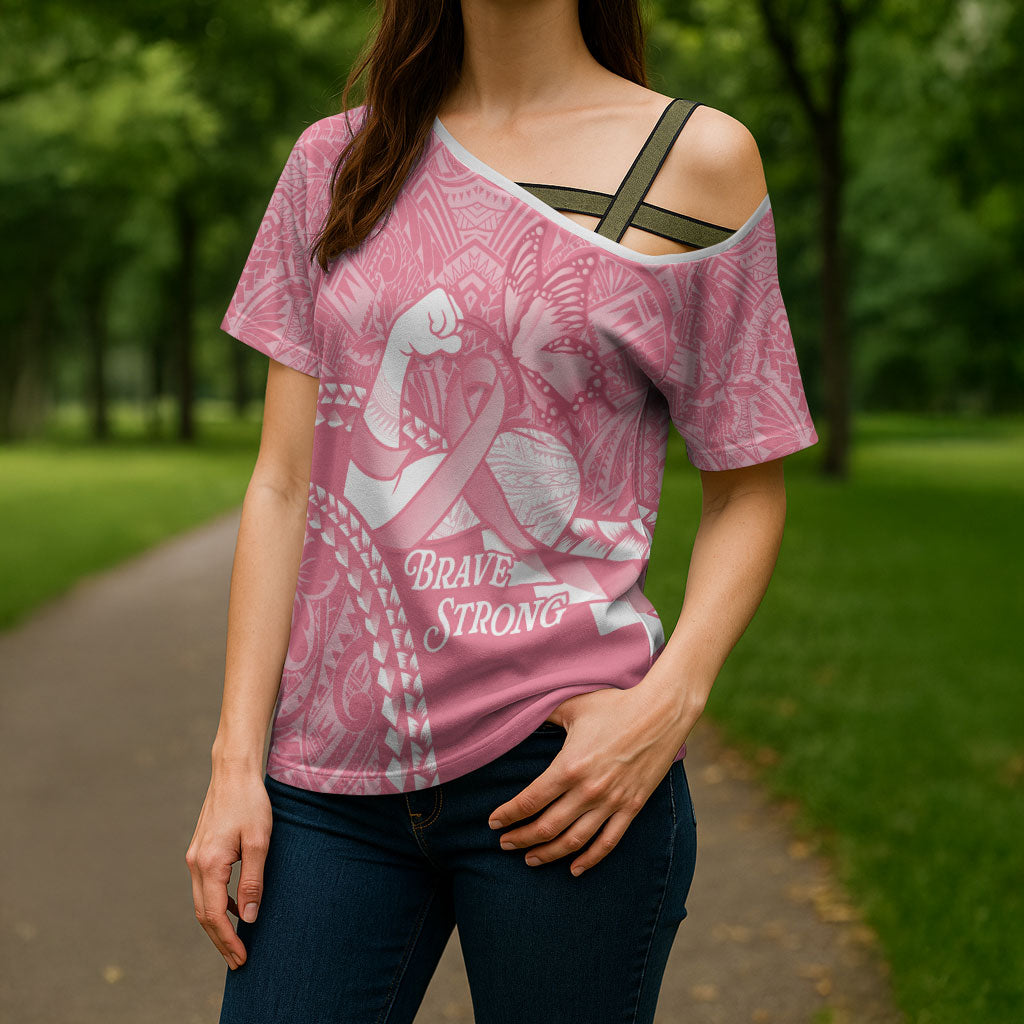 Personalised Polynesia Breast Cancer Awareness Cross Shoulder Shirt Brave Strong Butterfly Pink Ribbon
