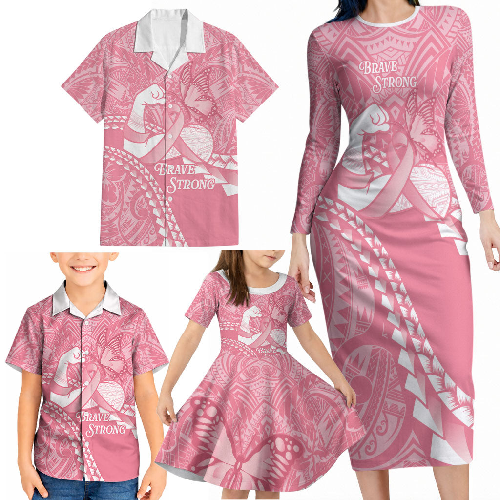 Personalised Polynesia Breast Cancer Awareness Family Matching Long Sleeve Bodycon Dress and Hawaiian Shirt Brave Strong Butterfly Pink Ribbon