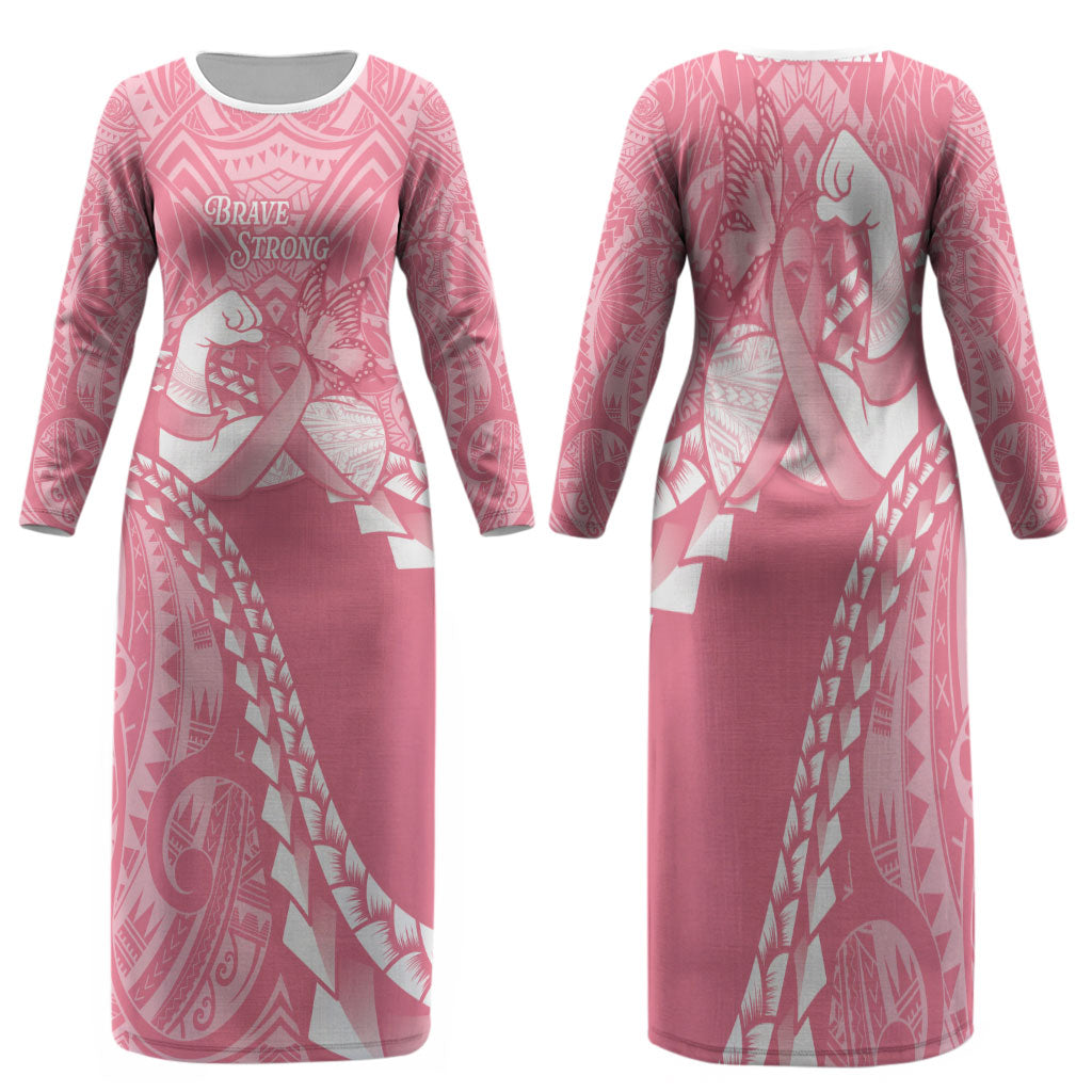 Personalised Polynesia Breast Cancer Awareness Family Matching Long Sleeve Bodycon Dress and Hawaiian Shirt Brave Strong Butterfly Pink Ribbon