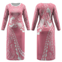 Personalised Polynesia Breast Cancer Awareness Family Matching Long Sleeve Bodycon Dress and Hawaiian Shirt Brave Strong Butterfly Pink Ribbon