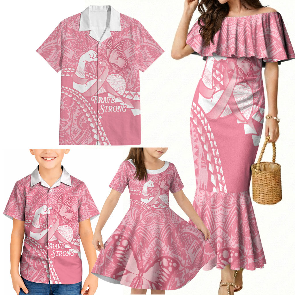 Personalised Polynesia Breast Cancer Awareness Family Matching Mermaid Dress and Hawaiian Shirt Brave Strong Butterfly Pink Ribbon
