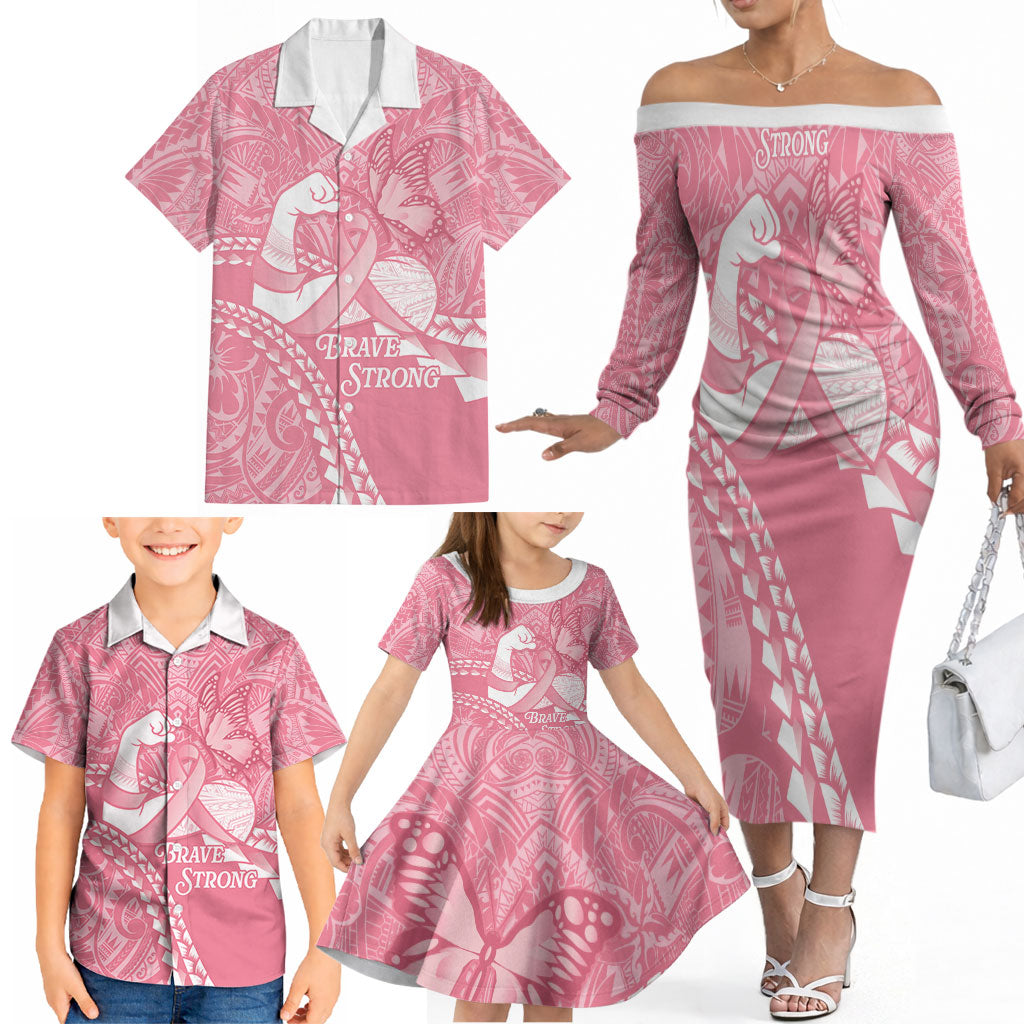 Personalised Polynesia Breast Cancer Awareness Family Matching Off The Shoulder Long Sleeve Dress and Hawaiian Shirt Brave Strong Butterfly Pink Ribbon