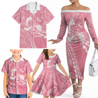 Personalised Polynesia Breast Cancer Awareness Family Matching Off The Shoulder Long Sleeve Dress and Hawaiian Shirt Brave Strong Butterfly Pink Ribbon