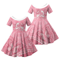 Personalised Polynesia Breast Cancer Awareness Family Matching Off The Shoulder Long Sleeve Dress and Hawaiian Shirt Brave Strong Butterfly Pink Ribbon