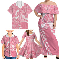 Personalised Polynesia Breast Cancer Awareness Family Matching Off Shoulder Maxi Dress and Hawaiian Shirt Brave Strong Butterfly Pink Ribbon