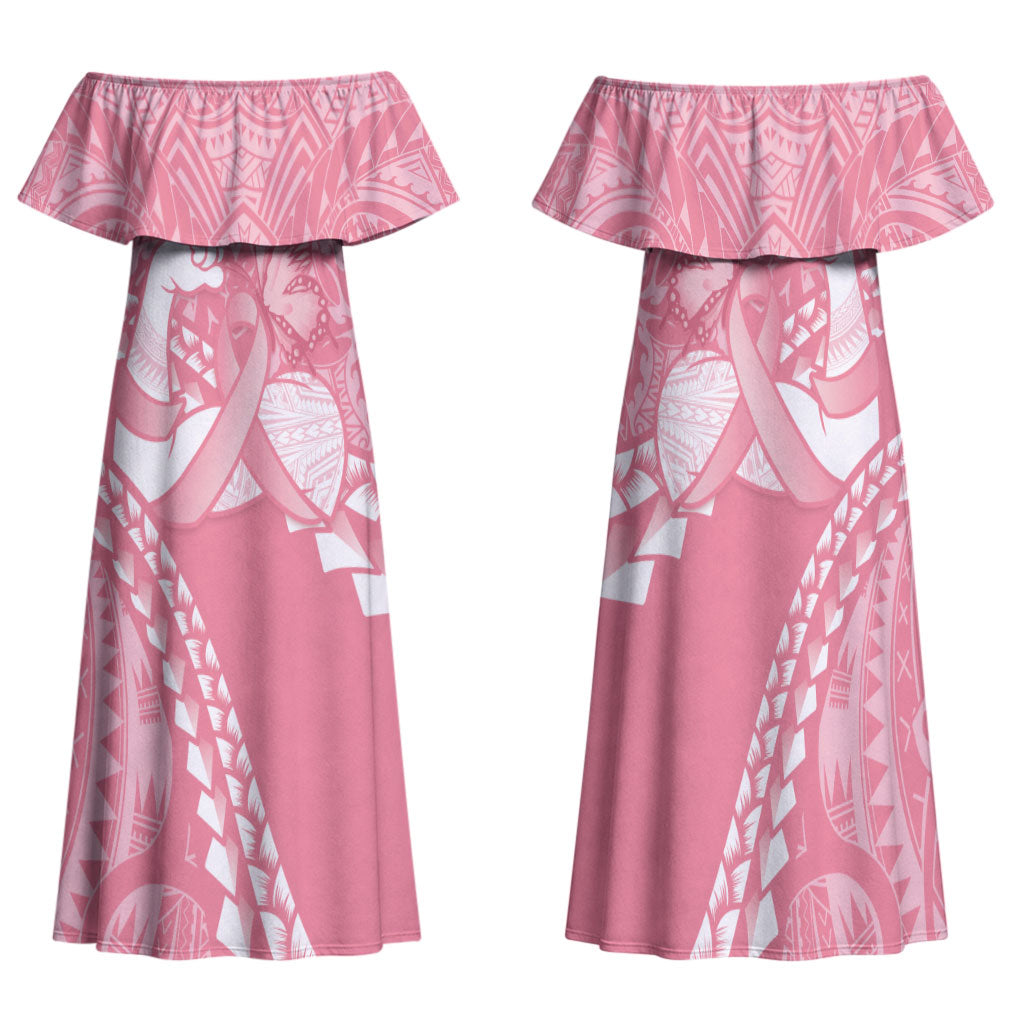 Personalised Polynesia Breast Cancer Awareness Family Matching Off Shoulder Maxi Dress and Hawaiian Shirt Brave Strong Butterfly Pink Ribbon
