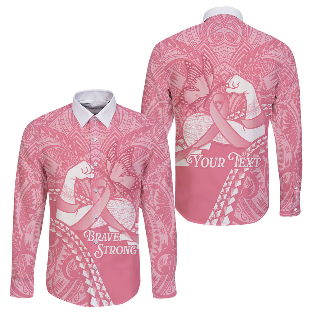 Personalised Polynesia Breast Cancer Awareness Family Matching Off Shoulder Maxi Dress and Hawaiian Shirt Brave Strong Butterfly Pink Ribbon